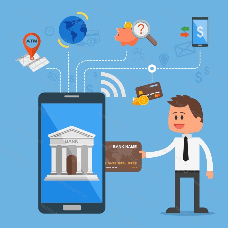 Векторная иллюстрация концепции интернет-банкинга. Дизайн в плоском стиле. Значки для онлайн-платежей, мобильных платежей, кредитных карт, банковских переводов и сбережений банковских денег.