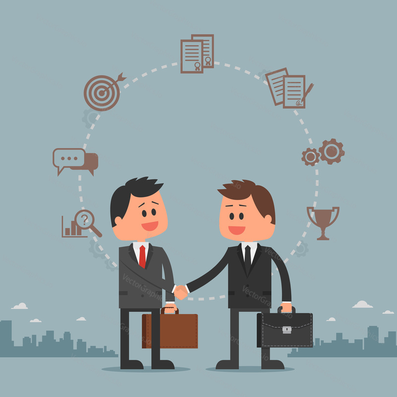 Business concept vector illustration in flat cartoon style. Business people shaking hands. Businessmen making a deal. Money investment concept. Business development cycle from idea to success.