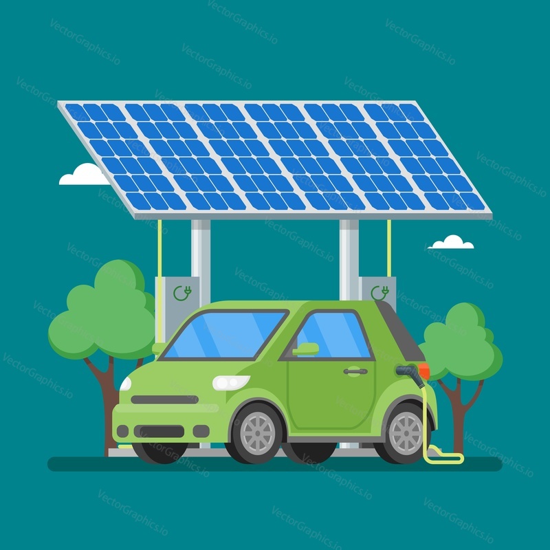 Electric car charging at the charger station in front of the solar panels. Vector illustration in flat style. Eco transport concept background.