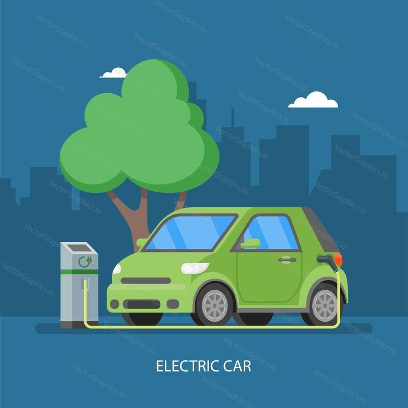 Electric car charging at the charger station. Vector illustration in flat style. Eco transport concept background.
