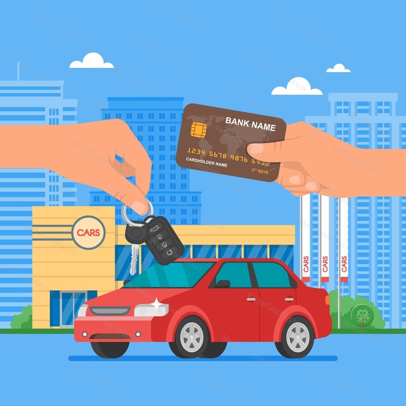 Car sale vector illustration. Customer buying car from dealer concept. Salesman giving key to new owner. Hand holding credit card. Car rental service concept.