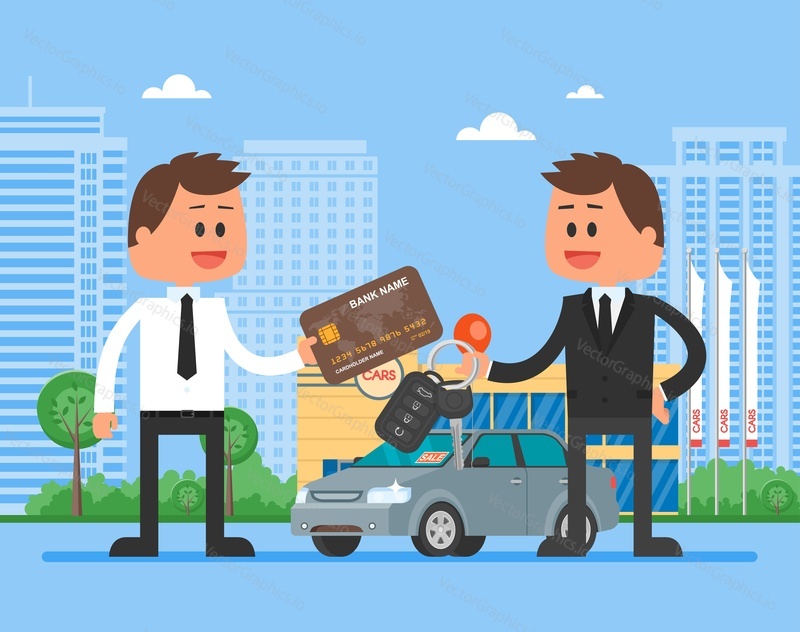 Car sale vector illustration. Customer buying automobile from dealer concept. Salesman giving key to new owner.