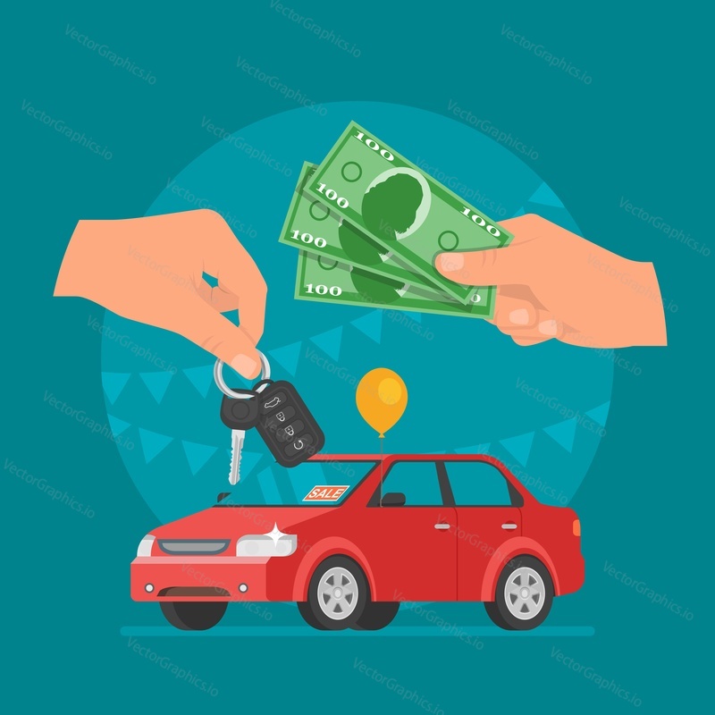 Car sale vector illustration. Customer buying car from dealer concept. Salesman giving key to new owner. Hand holding money.