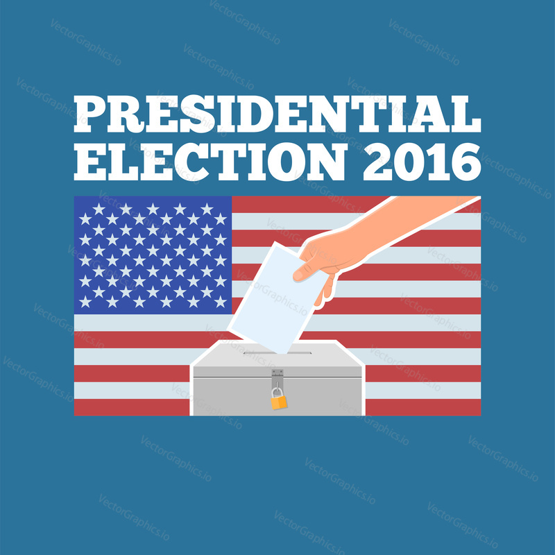 USA presidential election day concept vector illustration. Hand putting voting paper in the ballot box with american flag on background. Voting concept in flat style.