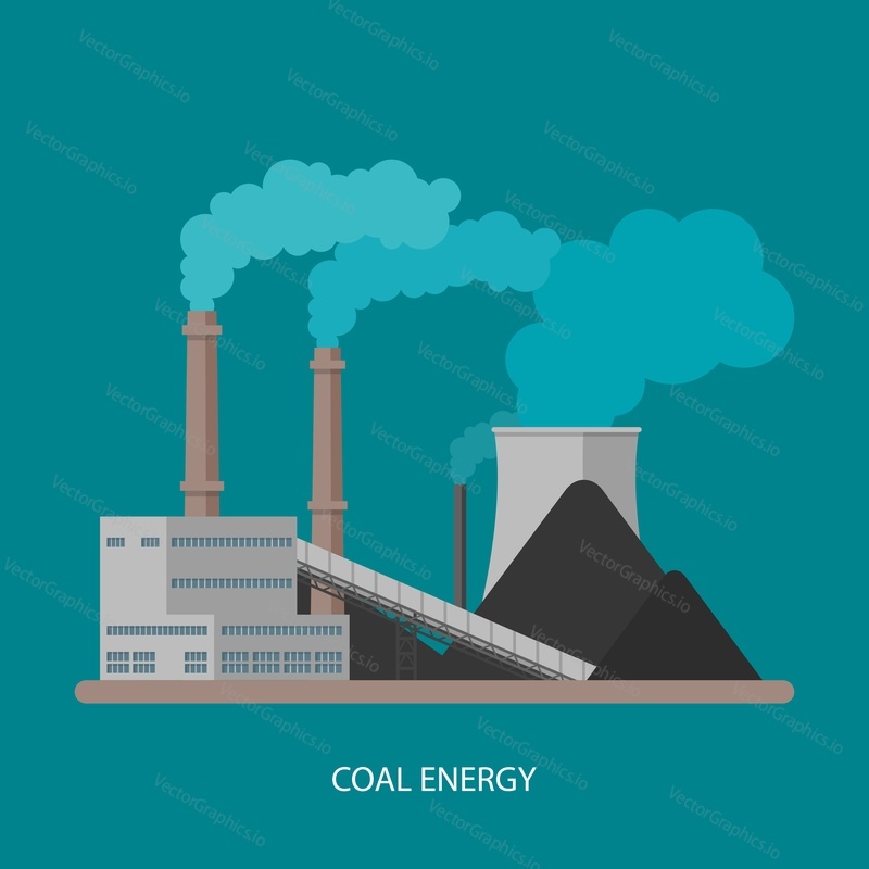 Coal power plant and factory. Energy industrial concept. Vector illustration in flat style. Coal power station background.