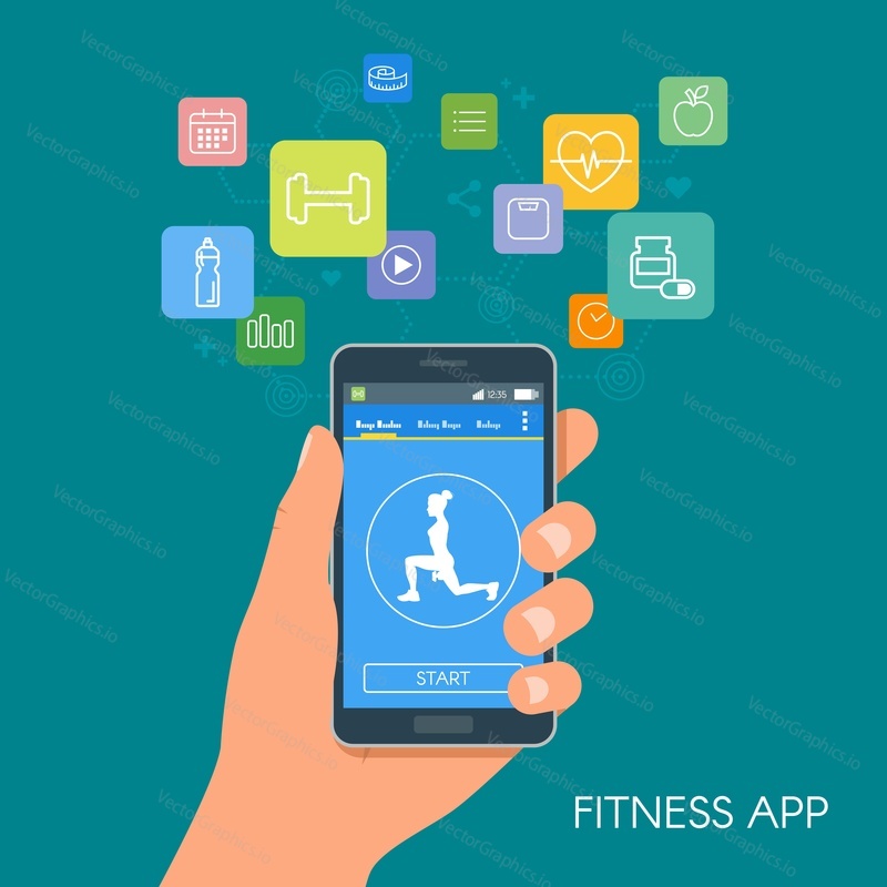 Smart phone sport app with icons. Fitness mobile application concept. Vector illustration in flat style design.