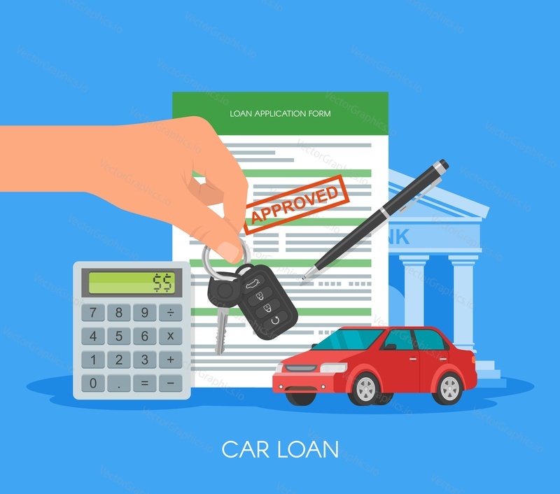 Approved car loan vector illustration. Buying car concept. Hand holding car key.