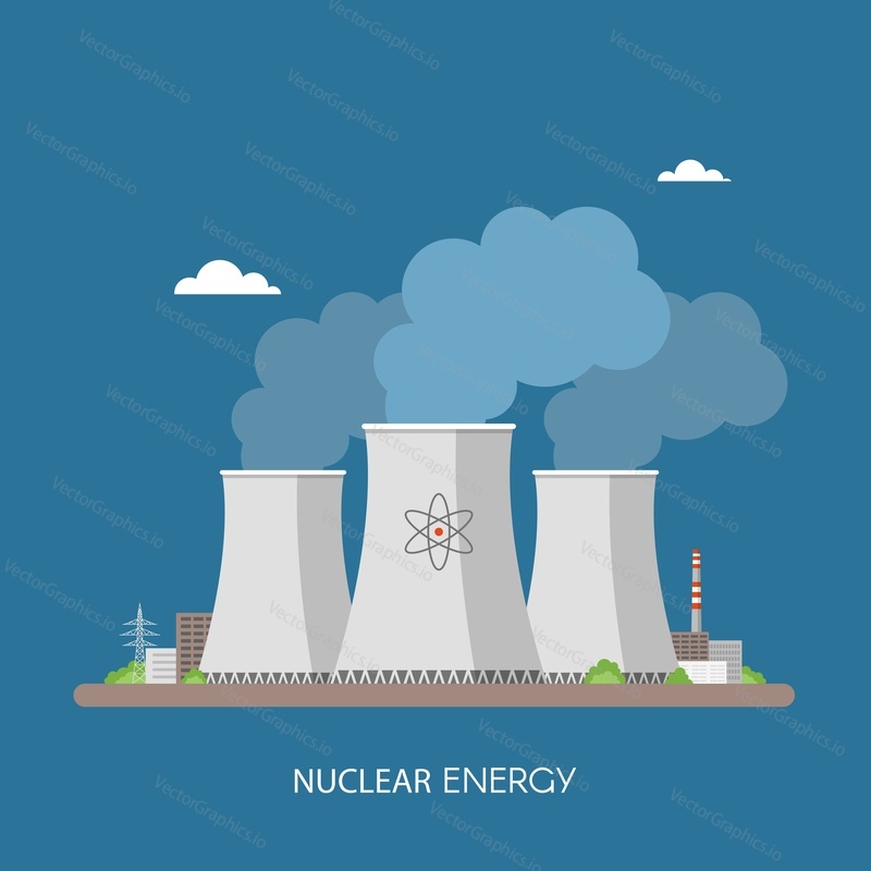 Nuclear power plant and factory. Nuclear energy industrial concept. Vector illustration in flat style. Nuclear station background.