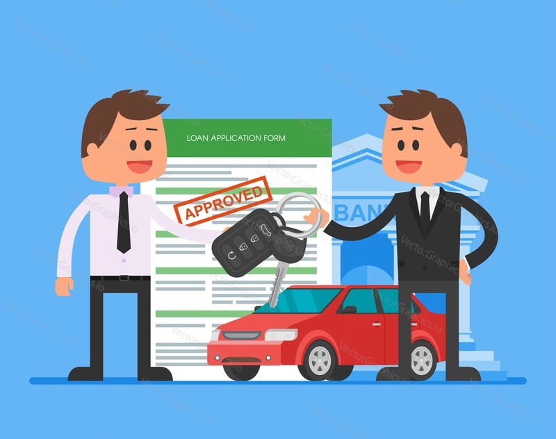 Approved car loan vector illustration. Buying car concept. Dealer hand over car keys to happy customer.