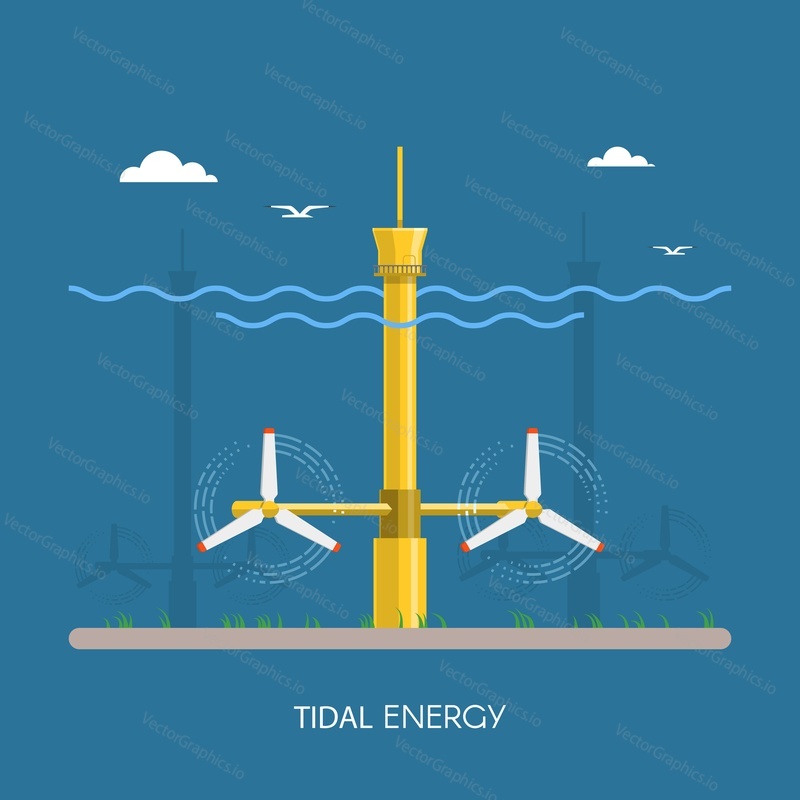 Tidal power plant and factory. Tidal turbines. Green energy industrial concept. Vector illustration in flat style. Tidal power station background. Renewable energy sources.