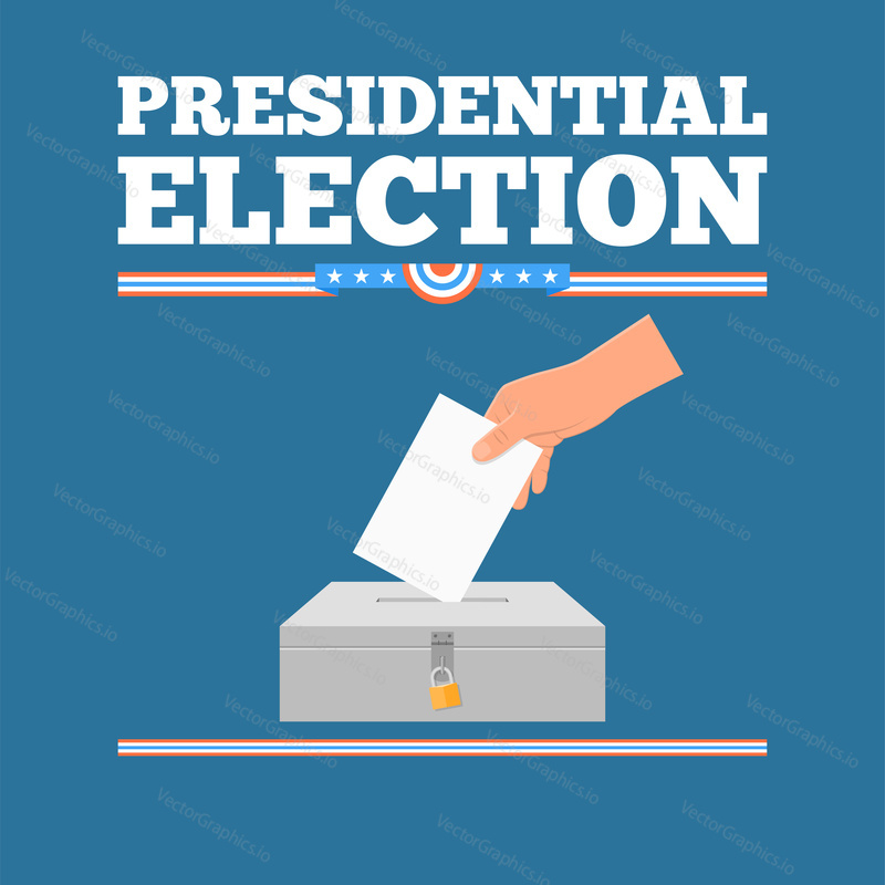 USA presidential election day concept vector illustration. Hand putting voting paper in the ballot box. Voting concept in flat style.
