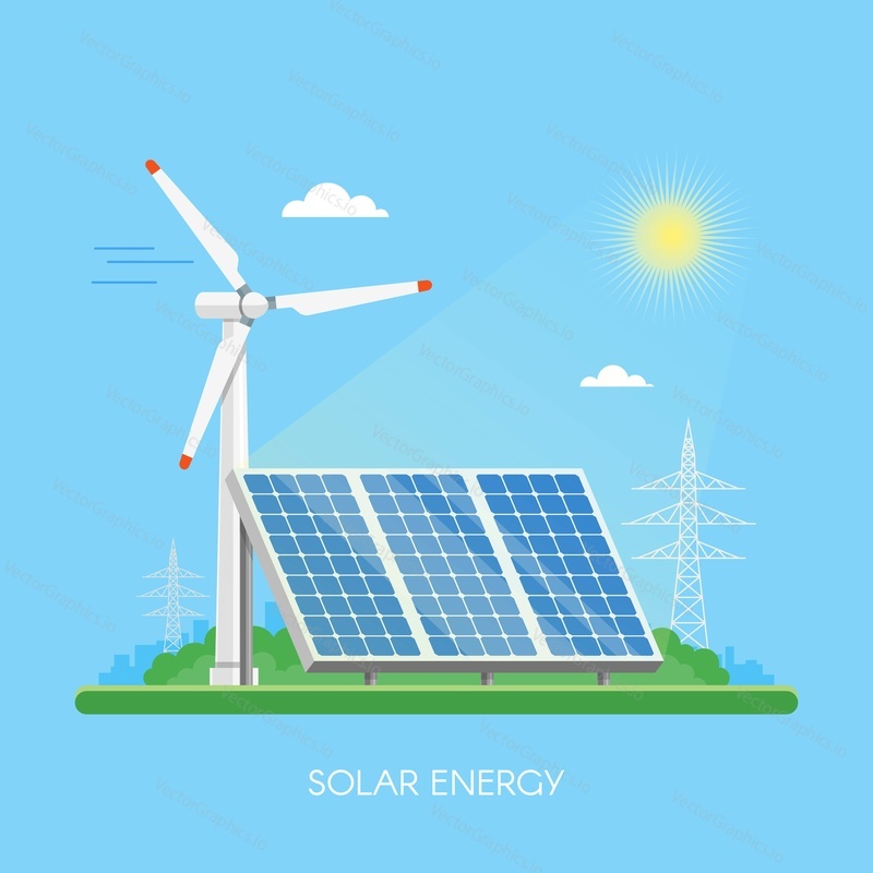 Solar power plant and factory. Solar panels. Green energy industrial concept. Vector illustration in flat style. Solar station background. Renewable energy sources.