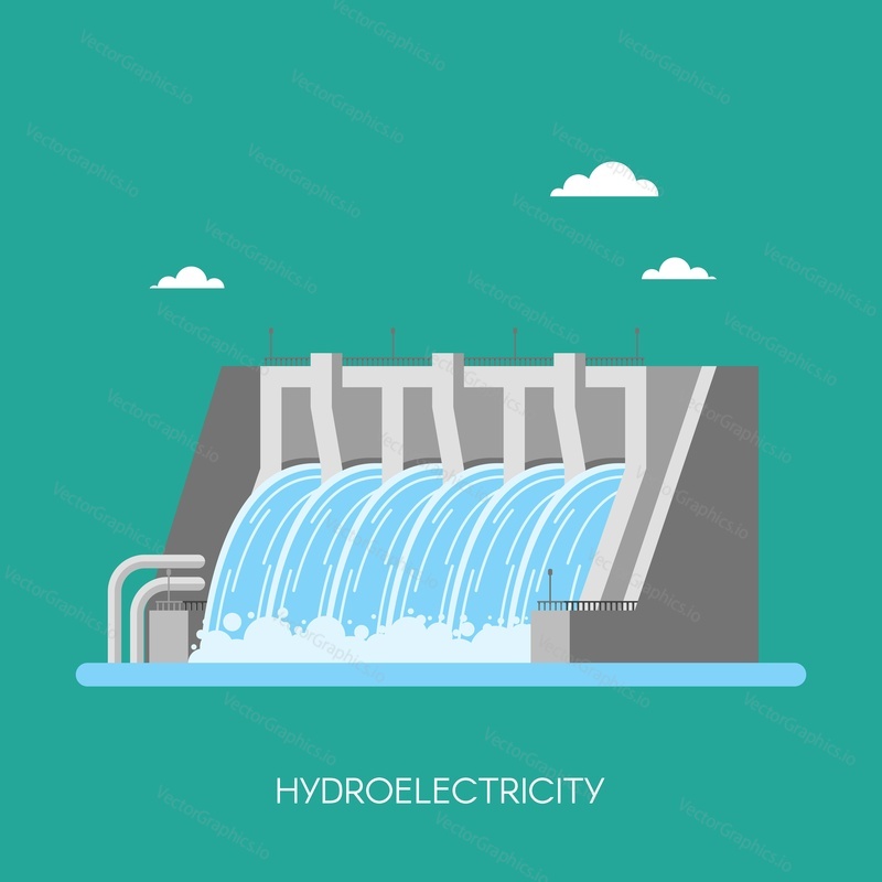 Hydro power plant and factory. Hydro energy industrial concept. Vector illustration in flat style. Hydroelectric station background. Renewable energy sources.