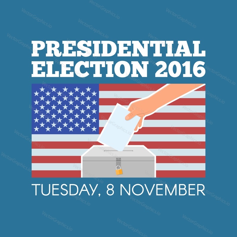 USA presidential election day concept vector illustration. Hand putting voting paper in the ballot box with american flag on background. Voting concept in flat style.