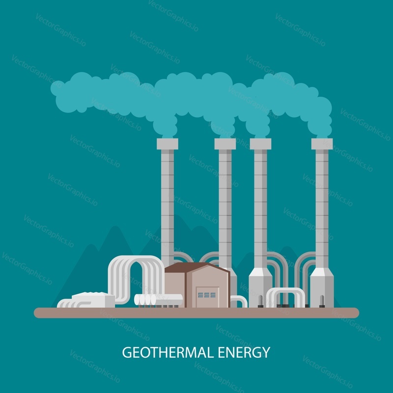 Geothermal power plant and factory. Geothermal energy industrial concept. Vector illustration in flat style. Geothermal station background. Renewable energy sources.
