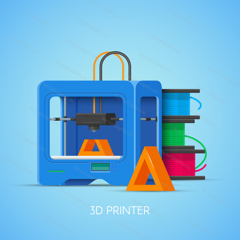 3D printing vector concept poster in flat style. Design elements and icons. Industrial 3D printer.