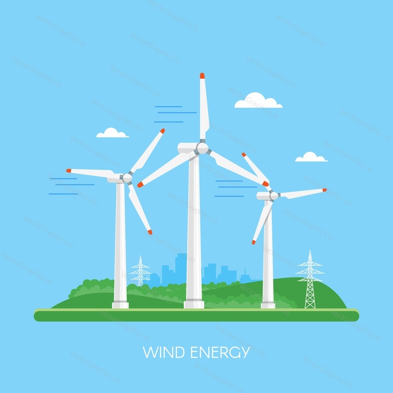 Wind power plant and factory. Wind turbines. Green energy industrial concept. Vector illustration in flat style. Wind power station background. Renewable energy sources.