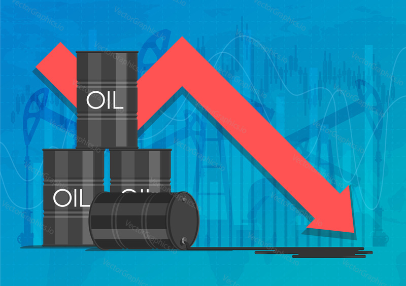 Oil industry crisis concept. Drop in crude oil prices chart. Financial markets vector illustration.