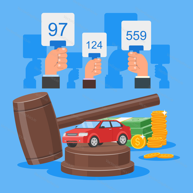 Auction and bidding concept vector illustration in flat style design. Selling car from auction.