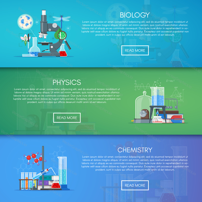 Biology, chemistry and physics vector banners. Science education concept poster in flat style design.