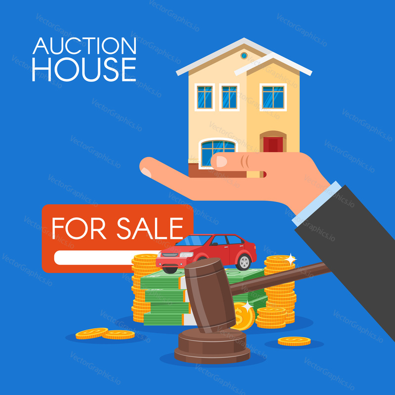 Auction and bidding concept vector illustration in flat style design. Selling house.