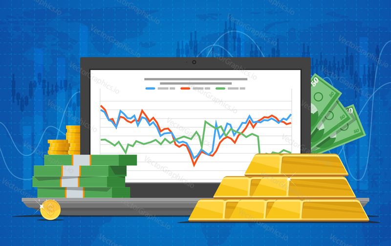 Gold price vector illustration in flat style. Stock chart on laptop screen. Pile of money, gold bars.