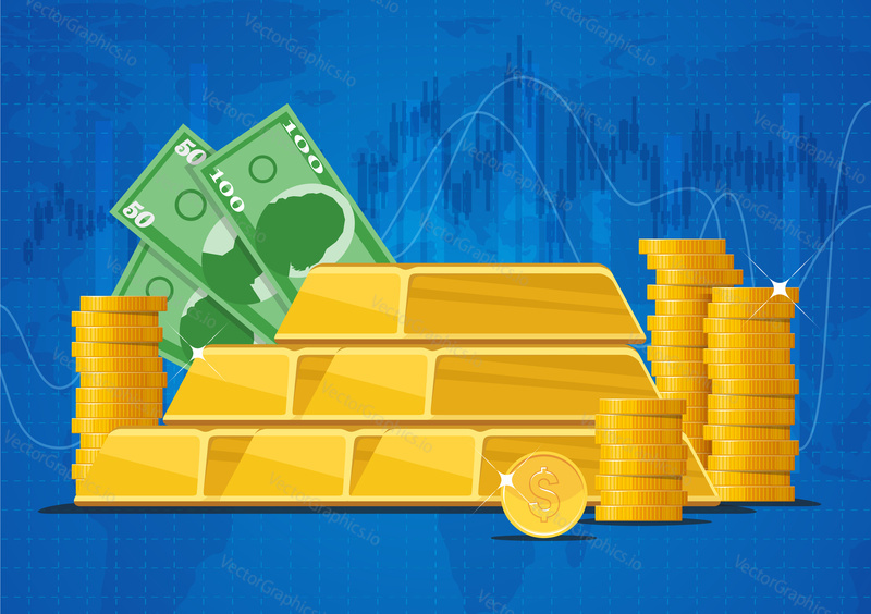 Gold bars, money banknotes and dollar coins. Business and finance markets concept vector illustration in flat style design.