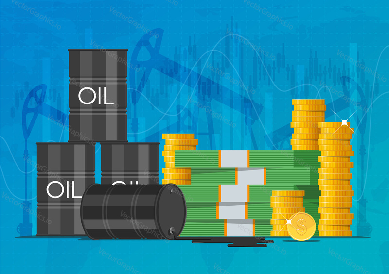 Oil cask, gold coins and piles of money. Business and finance markets concept vector illustration.