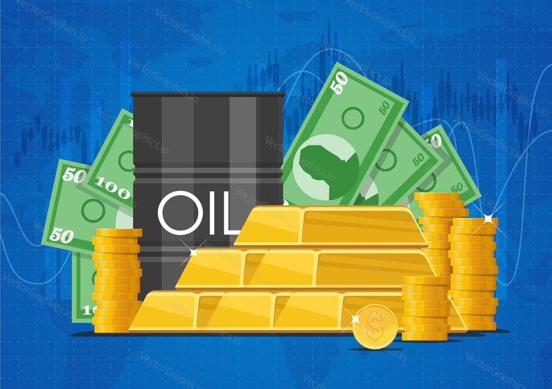 Oil cask, gold bars and piles of money. Business and finance markets concept vector illustration.