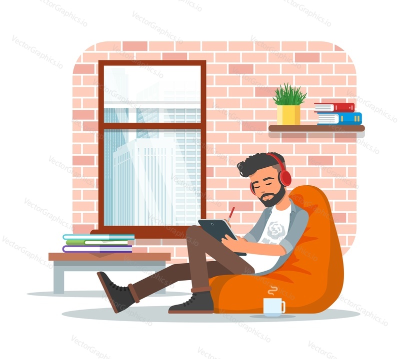 Vector illustration of young man sitting in bean bag chair and making use of tablet. Workplace interior, cartoon character, flat style design.