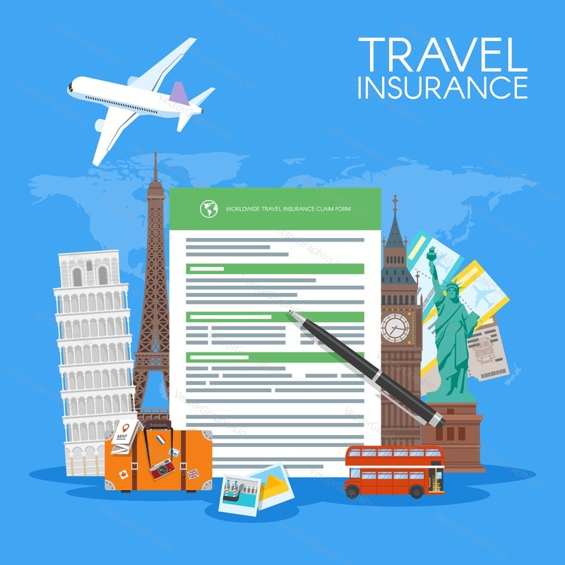 Travel insurance form concept vector illustration. Vacation background, luggage plane, palms.