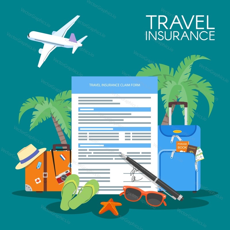 Travel insurance form concept vector illustration. Vacation background, luggage plane, palms.