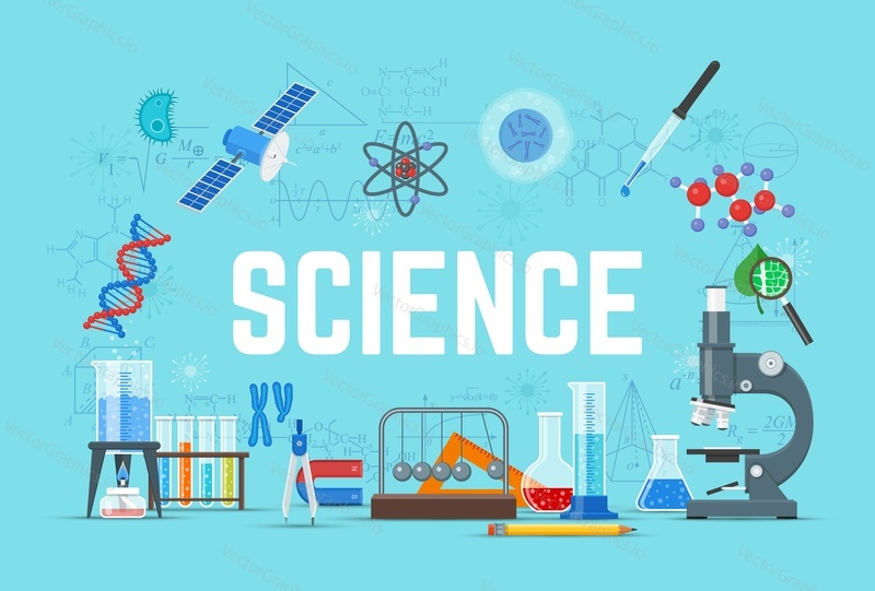 Векторный плакат с плоским дизайном в стиле с элементами дизайна химии, физики, биологии, науки, значками. Лабораторная посуда и научное оборудование.