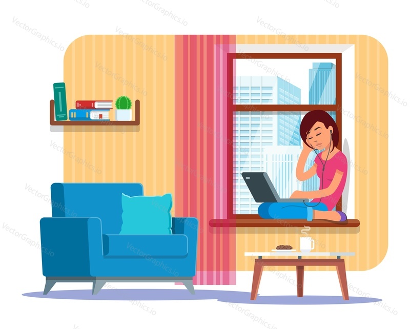 Vector illustration of young woman sitting on windowsill, working at laptop and making use of headset. Home interior. Flat style design.