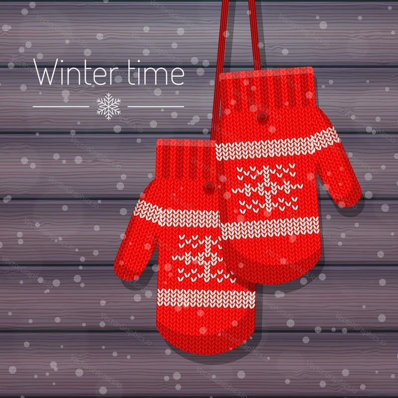 Vector illustration of winter knitted mittens for girls. Realistic wooden background with snowflakes. Winter holidays card in flat style.