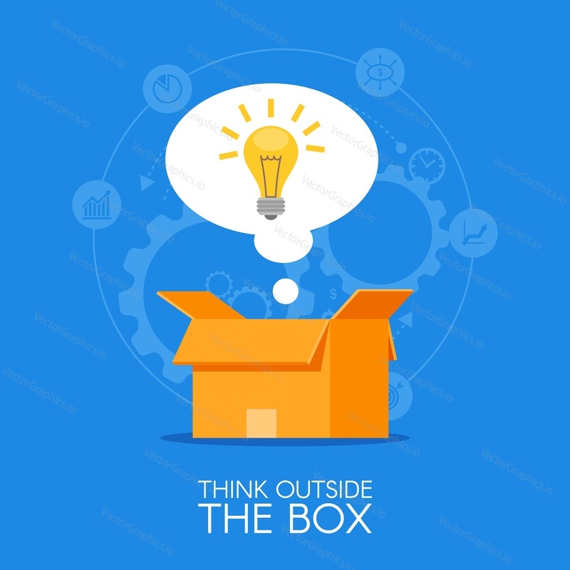 Thinking out of the box concept background. Lightbulb showing up from cardboard packing and symbolizing new creative idea. Vector illustration in flat style design.
