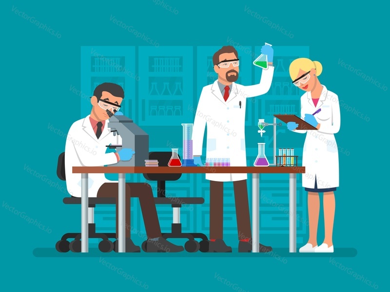 Векторная иллюстрация ученых, двух мужчин и женщины, работающих в научной лаборатории. Интерьер лаборатории, оборудование и лабораторная посуда. Концепция научного исследования элемент дизайна в плоском стиле.