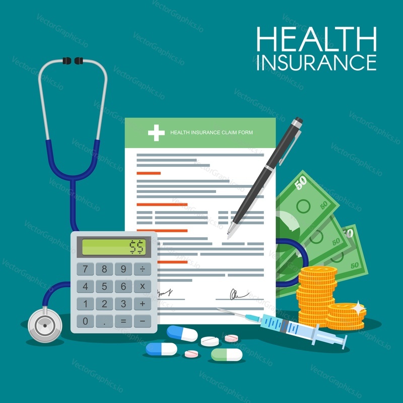 Health insurance form concept vector illustration. Filling medical documents. Stethoscope, syringe.