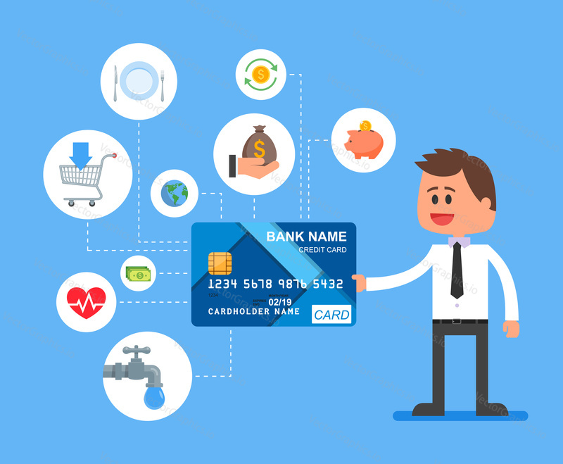 Credit card payments concept vector illustration in flat style. Financial design elements and icons. Man holding bank card.