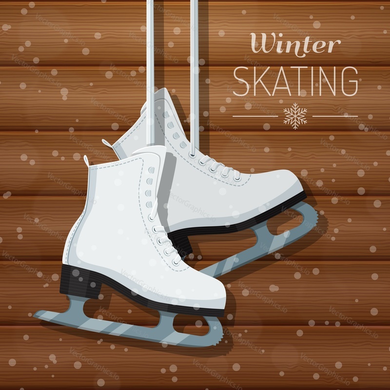 Vector illustration of womans white figure ice skates hanging on laces. Winter holidays card. Realistic wooden background with snowflakes. Flat style design.
