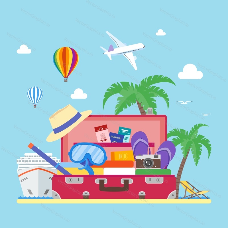 Travel concept vector illustration in flat style design. Airplane flying above tourists luggage, ship, palms, beach. Vacation and tourism background.