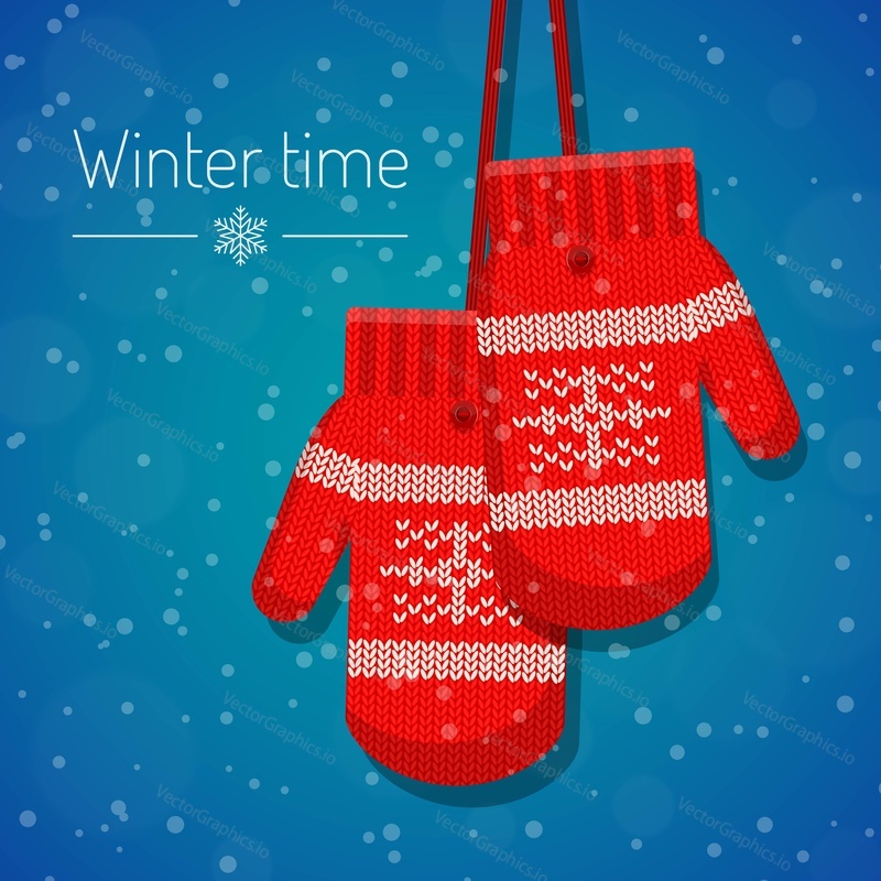 Vector illustration of winter knitted mittens for girls on winter snowy background. Winter holidays card in flat style.