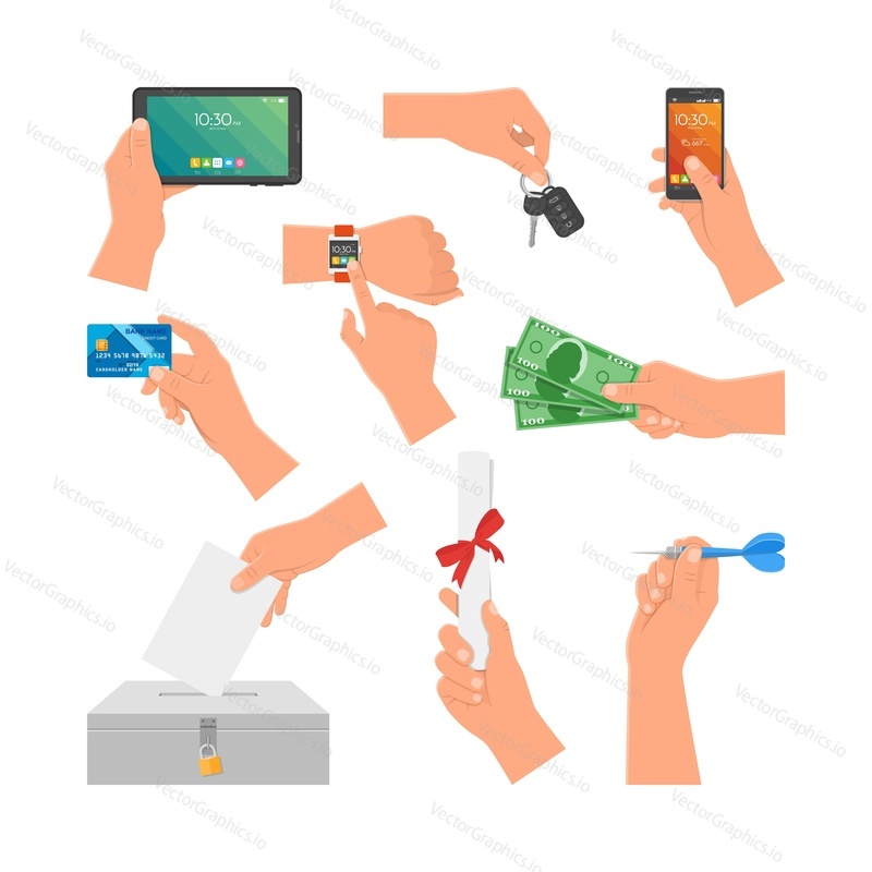 Vector set of human hands holding money, credit card, phone and key. Design elements and icons isolated on white background.