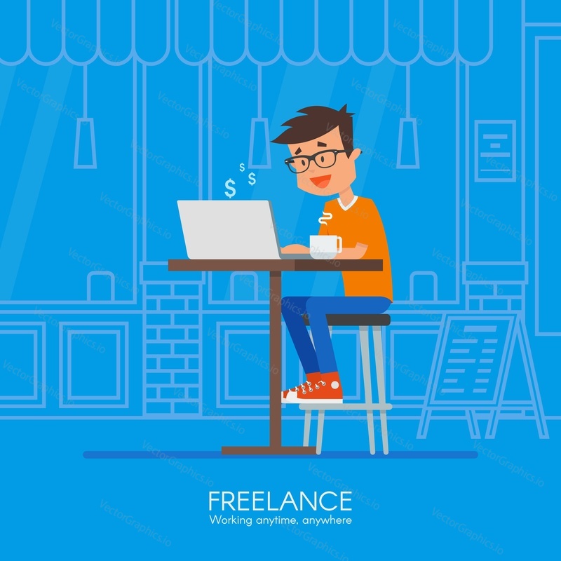 Male freelancer working remotely from his desk. Freelance concept vector illustration in flat style design. Home office workplace. Online shopping.