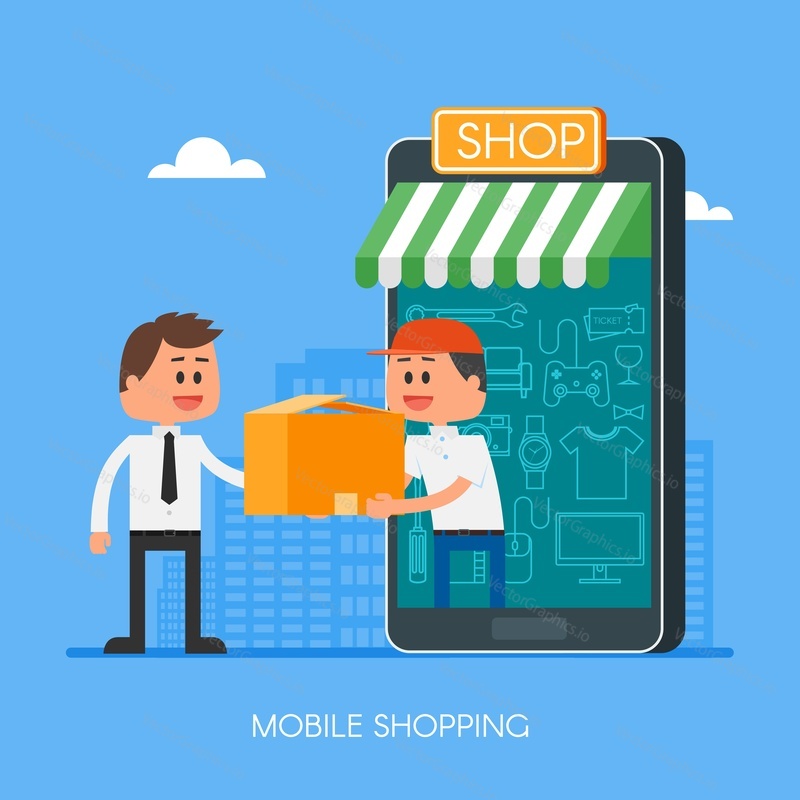 Online shopping on internet using mobile smartphone. Fast delivery concept vector illustration in flat style design. Courier stays in shop door that looks like phone and gives parcel to customer.