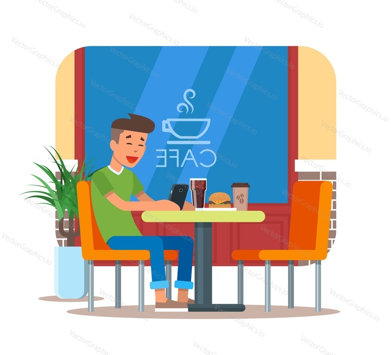 Vector illustration of cafe design element with visitor having lunch. Young man with mobile is sitting at the table. Cafe interior and cartoon character in flat design.