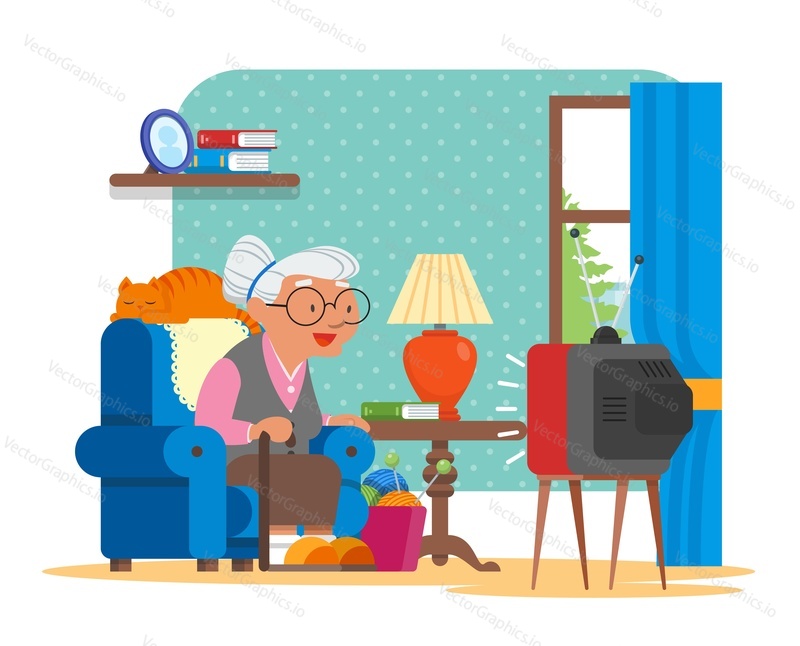 Vector illustration of grandmother sitting in armchair and watching TV. Cat lying behind of her. Cartoon characters and living room interior in flat design.