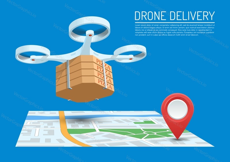 Drone delivery concept vector illustration. Quadcopter carrying a package with pizza.