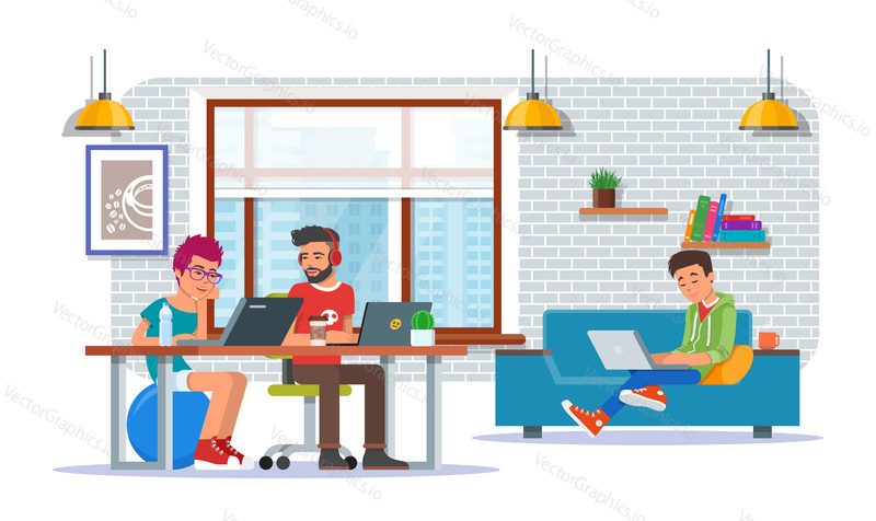 Coworking center concept vector illustration. Workspace, young people making use of laptops and headphones. Flat style design elements.