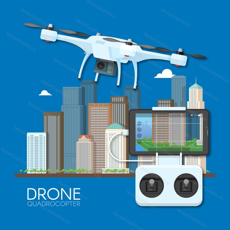 Drone with remote control flying over city. Aerial drone with camera taking photography and video concept vector illustration.